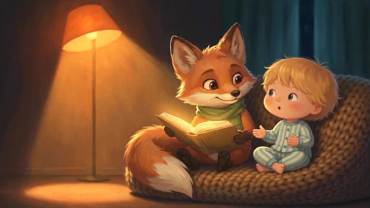 Festői animáció: a gyerek a SagaVu-rókának mesél, a világító mesekönyvből mesefigurák lebegnek elő.